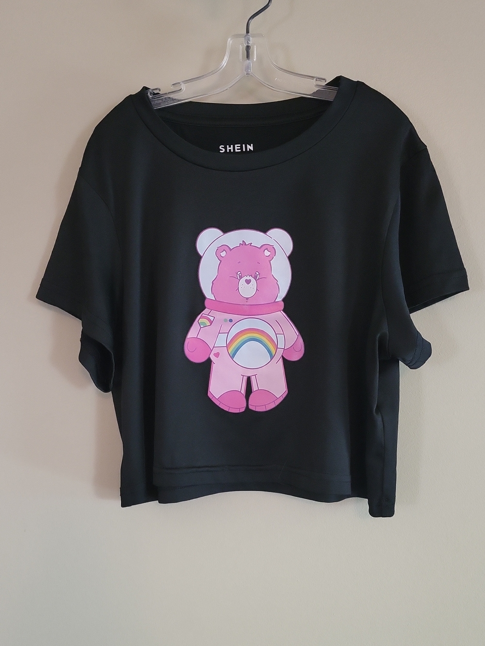 Black cropped tee shirt with pink astronaut Care Bear